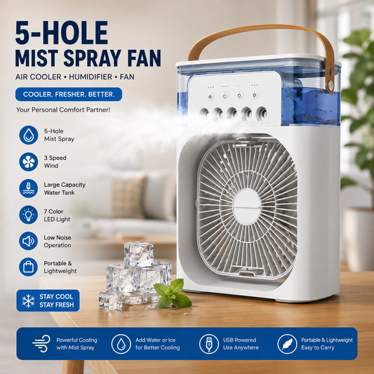 Portable 5-Hole Water Mist Spray Fan – Air Cooler & Humidifier