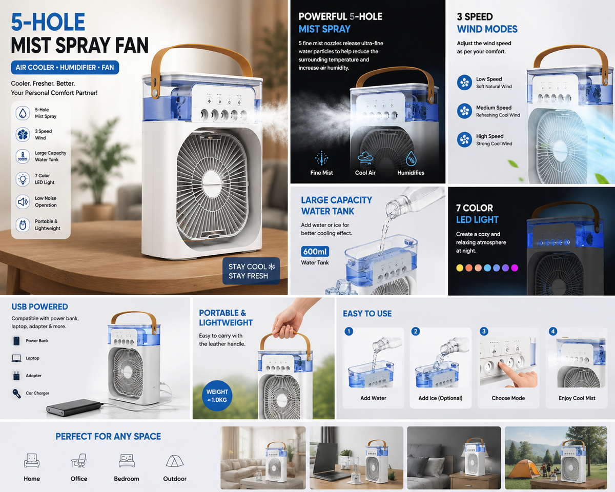 Portable 5-Hole Water Mist Spray Fan – Air Cooler & Humidifier