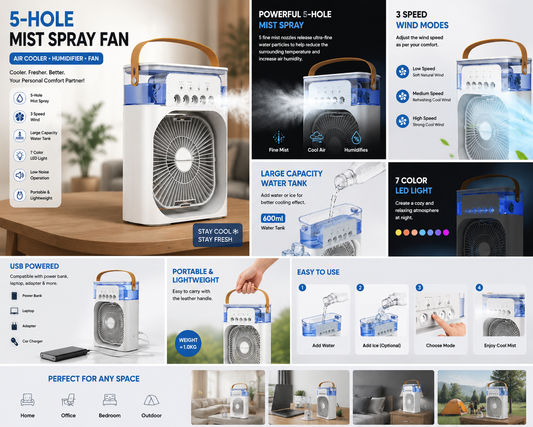 Portable 5-Hole Water Mist Spray Fan – Air Cooler & Humidifier