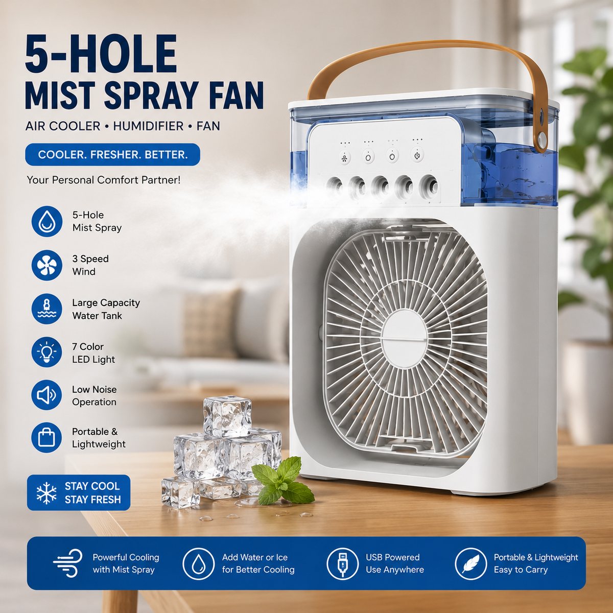 Portable 5-Hole Water Mist Spray Fan – Air Cooler & Humidifier